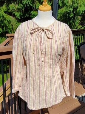 4Our Dreamers Striped Cream and Pink Tie-Neck Blouse